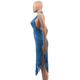 Women Clothes Fall Halter Neck Low Back Fringe Bodycon Dress