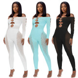 Spring/Summer See-Through Leopard Hollowout Long Sleeve Off Shoulder Sexy Jumpsuit