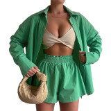 Women Clothes Spring/Summer Fashion Single Breasted Long Sleeve Shirt Solid Casual Two Piece Shorts Set