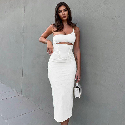 Women Summer Solid Color One Shoulder Strapless Slim Fit Midi Dress