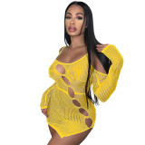 Women Clothes Spring Knitting Sweater Strap Solid Long Sleeve Cutout Nightclub Bodycon Sexy Dress