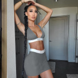 Women Clothes Summer Fashion V-Neck Sexy Crop Sleeveless Tank Slim Short Skirt Outfit Two Piece Set