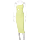 Women Summer Solid Color One Shoulder Strapless Slim Fit Midi Dress