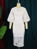 Lace Half Puff Sleeve High Waist Formal Party Evening Dress Women'S Maxi Dress