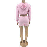 Women Clothes Street Hipster Solid Casual Fashion Hooded Long Sleeve Crop Two Piece Shorts Set