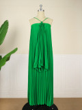 Summer Sexy Low Back Halter Strapless Loose Pleated Long Strap Dress Beach Dress