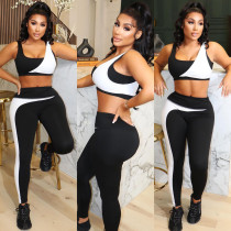 Women Clothes Fashion Casual Contrast Color Sleeveless Crop Tank Pants Two Piece Set