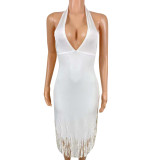 Women Clothes Fall Halter Neck Low Back Fringe Bodycon Dress