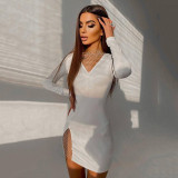 Autumn And Winter Dress Women'S Flash Diamond Patchwork Design Sexy Long Sleeve V-Neck Bodycon Dress