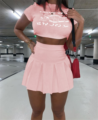 Fashion Women Clothes Solid Color Positioning Print T-Shirt Pleated Short Skirt Two Piece Set