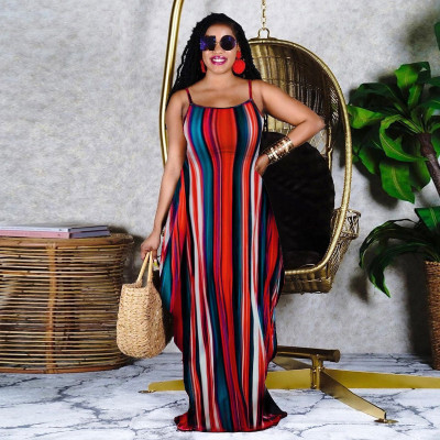 Women Clothes Beach Casual Loose Striped Strap Maxi Dress With Pockets