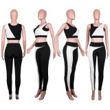 Women Clothes Fashion Casual Contrast Color Sleeveless Crop Tank Pants Two Piece Set