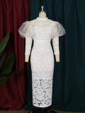 Round Neck Lace See-Through 3/4 Puff Sleeve Slim Fit Party Dress