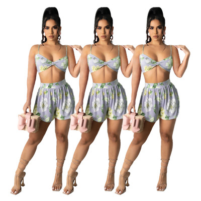 Women Clothes Summer Fall Lace-Up Strap Print Two-Piece Shorts Set