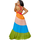 Women's Spring Summer Sleeveless Low Back Colorblock Sling Loose Dress