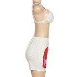 Summer Women Fashion Print Low Cut Sling Tight Fitting Tank Top High Waist Shorts Suit Women