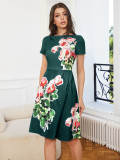 Summer Vintage Print Elegant Round Neck Irregular Dress for Women