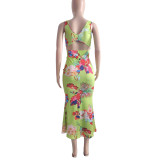 Sexy Cutout Low Back Sleeveless Maxi Print Dress Women