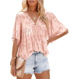 Women's Summer Floral Texture Bell Bottom Sleeve Shirt V Neck Chiffon Top