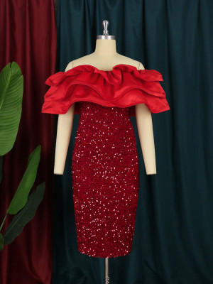 Elegant Women's Sequined Red Velvet Off Shoulder Wrap Sequin Dress Birthday Party Dress
