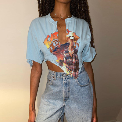 Summer Women's Digital Print Irregular Low Cut Street Hipster Slim Fit Casual Top