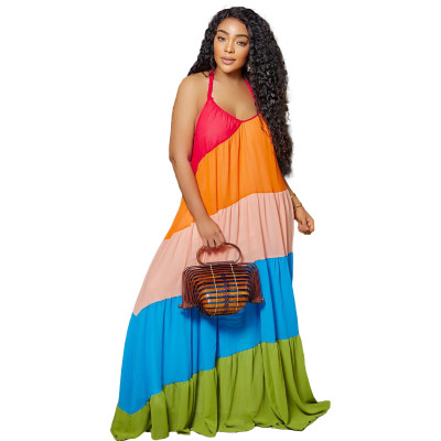 Women's Spring Summer Sleeveless Low Back Colorblock Sling Loose Dress