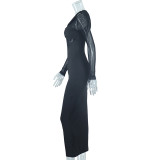 Women's Round Neck Mesh Patchwork Long Sleeve Maxi Tight Fitting Dress
