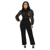 Women's Fall/Winter Eyelash Lace Pants Sexy See-Through Jumpsuit