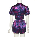 Spring Women's Print Tie Turndown Collar Loose Cardigan Top Bodycon Straight Shorts Set