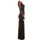 Summer Women's Sexy Long Sleeve Printed High Waist Slim Fit Long Dress