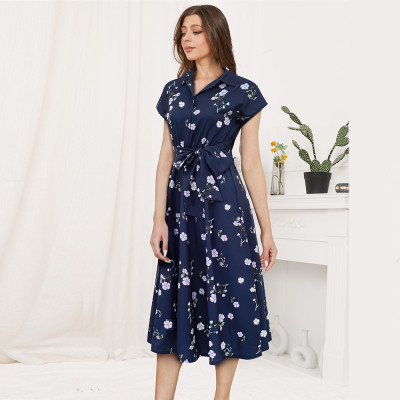 Summer Women's Art Retro Print Turndown Collar Lace-Up Mid Waist Dress