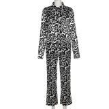 Summer Women's Printed Single Breasted Turndown Collar Loose Top Bodycon Straight Pants Set
