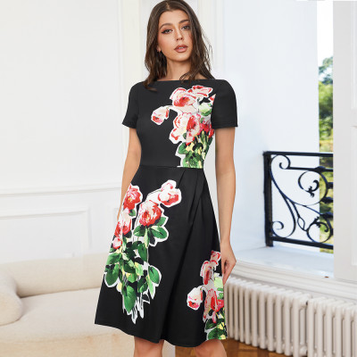 Summer Vintage Print Elegant Round Neck Irregular Dress for Women