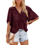 Women's Summer Floral Texture Bell Bottom Sleeve Shirt V Neck Chiffon Top
