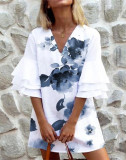 women's fresh print v-neck 3/4 sleeve mini dress
