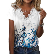 Summer Women Casual Loose Printed Lace V-Neck Short Sleeve T-shirt