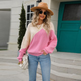 Women Irregular Contrast Round Neck Long Sleeve Sweater