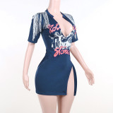 Women Summer Printed Fringe V-Neck Short Sleeve Dress