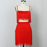 Women summer Straps top + short Dress tassel two-piece set