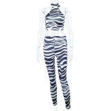 Women Summer Zebra Print Half Turtleneck Sleeveless Crop Top + Trousers Two-Piece Set