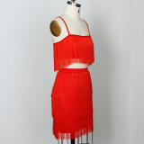 Women summer Straps top + short Dress tassel two-piece set