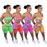 Women Summer Vintage Print vest+Shorts Two-Piece Set