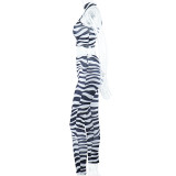 Women Summer Zebra Print Half Turtleneck Sleeveless Crop Top + Trousers Two-Piece Set