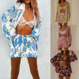 Women Floral Print Turndown Collar Long Sleeve Shirt + Shorts Two Piece