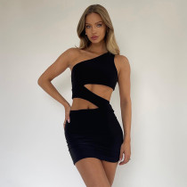 Women Summer Solid Slash Shoulder Sleeveless Cutout Mini Dress