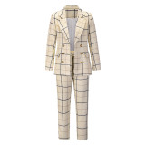 Fall Winter Long Sleeve Plaid Blazer Suit Chic Double Breasted Blazer Pants Professional Suit