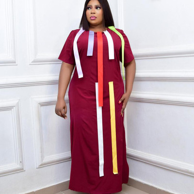 Fall/Winter Muslim African Plus Size Women'S Clothing Contrast Patchwork Short Sleeve Loose Maxi Dress