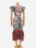 Fall Women'S Clothing Sexy Digital Print V-Neck Ruffled Sleeve Mermaid Maxi Dress