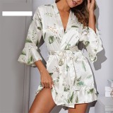 Temptation Sexy Pajamas Simulation Silk Ruffle Sleeve Cardigan Robe Nightgown
