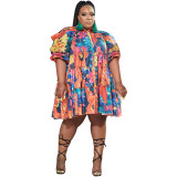 Fall Summer Trend Graffiti Print Turndown Collar Single Breasted Shirt Fashion Loose Mini Plus Size Dress